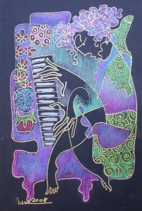 The piano player,15x20cm,India ink&pastel